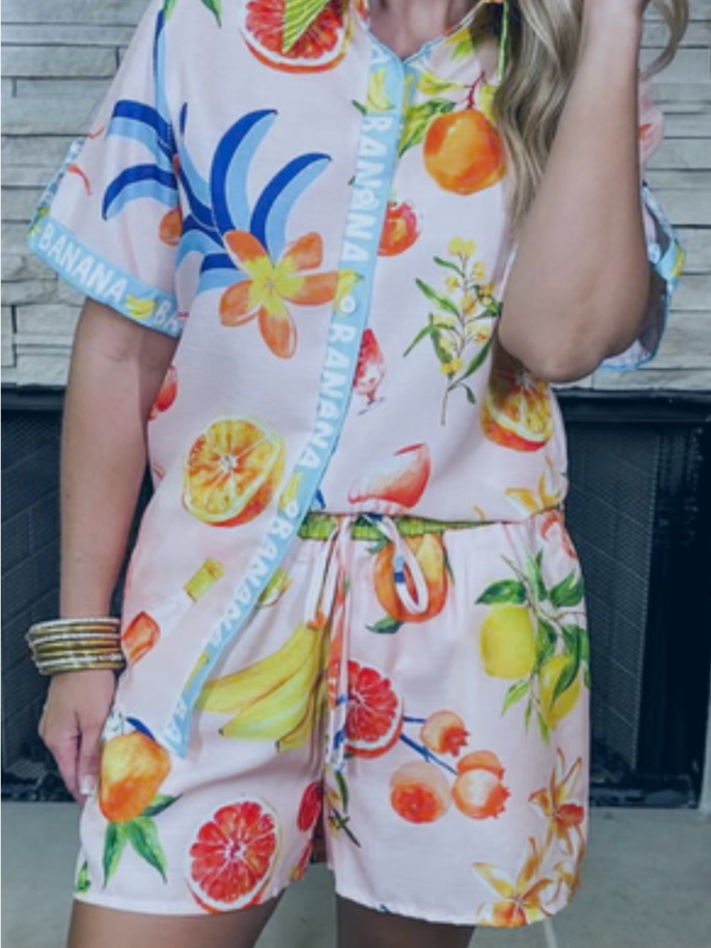 Tropical Citrus Button-Up Shirt Set - Pink with Orange & Blue Motifs-Resort Wear